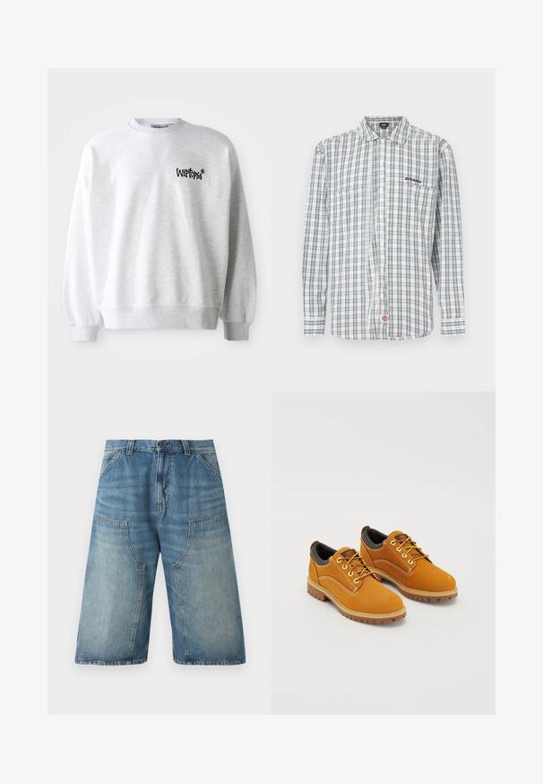 Lys grå sweatshirt med rund halsudskæring, ribbede manchetter og kant. Har sort "Wittopia" logo på venstre brystområde. Blød tekstur.; Rudchecket skjorte med knapper i hvid, grøn og blå. Har lange ærmer, krave, to frontlommer og en logobrodering på brystet.; Blå denim shorts ned til knæene med vide ben, forlommer, bæltestropper og knaplukning ved taljen.; Brune ruskindssko med rund tå, gule snørebånd, en polstret sort krave og gummisåler med skridsikre riller.