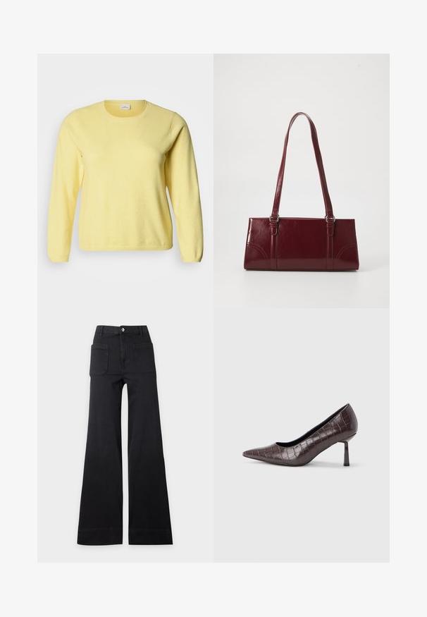 Pull jaune à manches longues avec un col rond, une texture douce et des poignets côtelés. Design minimaliste, sans motifs ni accents visibles.; Pantalon noir taille haute à jambes larges avec poches plaquées avant et fermeture par boutons, posé à plat sur un fond clair uni.; Escarpins à bout pointu en similicuir marron avec une texture crocodile, dotés d’un talon fin et angulaire ainsi que d’une doublure intérieure lisse.; Sac à main bordeaux en matériau brillant, de forme rectangulaire, avec deux anses et des accents légèrement courbés à l'avant.