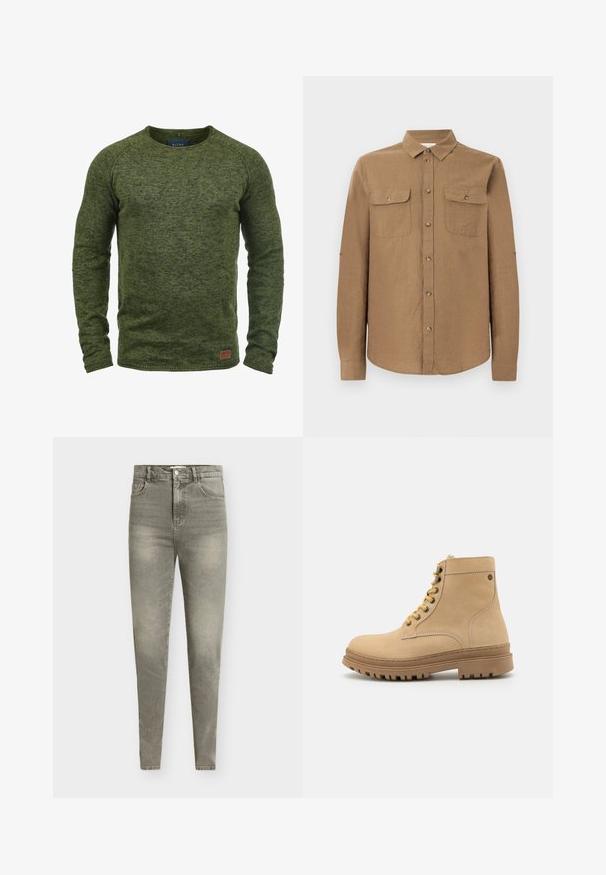Suéter verde hecho de tejido de punto texturizado, con cuello redondo, mangas largas y un pequeño parche de logo marrón en la parte inferior delantera.; Camisa marrón de manga larga con botones, cuello y dos bolsillos en el pecho, presentada sobre un fondo gris claro liso.; Vaqueros ajustados de mezclilla gris claro con cintura alta, diseño de cinco bolsillos, ligero desgaste y sutiles desvanecidos en toda la tela.; Botas de cuero marrón claro hasta el tobillo con punta redonda, suela de goma gruesa, seis ojales, cordones amarillos y detalle de costura lateral. Textura suave.
