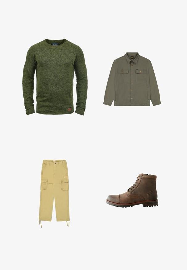 Grøn sweater lavet af struktureret strikstof, med rund hals, lange ærmer og et lille brunt logo-patch på den nederste front.; Olivengrøn skjortejakke med knapper, to brystlommer med klap, to sidelommer, lange ærmer og krave.; Beige cargobukser med to forlommelommer med klap, bæltestropper, knaplukning og snore i benenderne.; Brun læder ankelstøvle med rundt tåafsnit, polstret krave, seks snørehuller og tekstureret gummisål. Stitch-inspirerede detaljer på siderne.