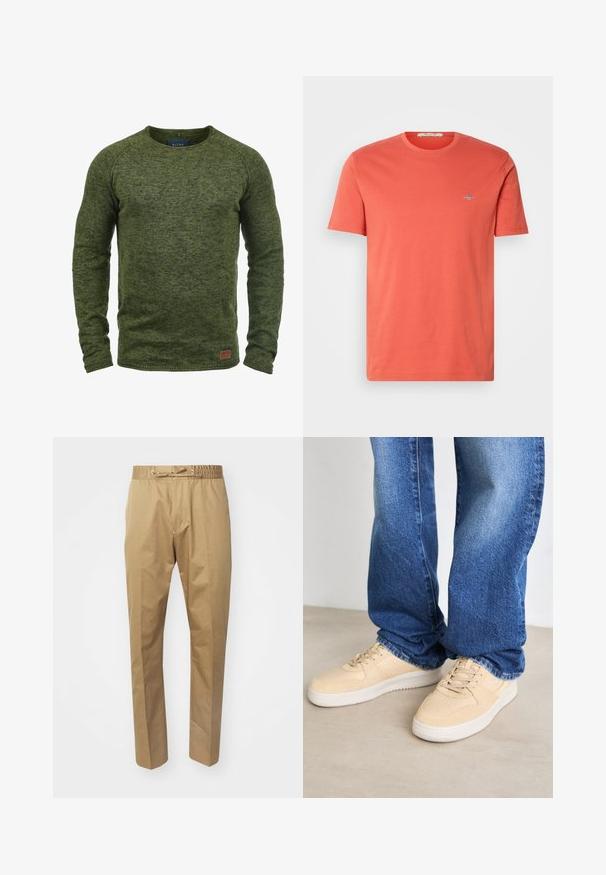 Suéter verde hecho de tejido de punto texturizado, con cuello redondo, mangas largas y un pequeño parche de logo marrón en la parte inferior delantera.; Camiseta de algodón color coral con mangas cortas, cuello redondo y pequeño detalle de logo en el pecho. Textura suave y corte clásico.; Pantalones beige con cintura elástica y cordón ajustable. Textura suave, piernas rectas y diseño minimalista.; Zapatillas beige con textura suave, detalles perforados y suela de goma blanca, combinadas con pantalones vaqueros azul denim.