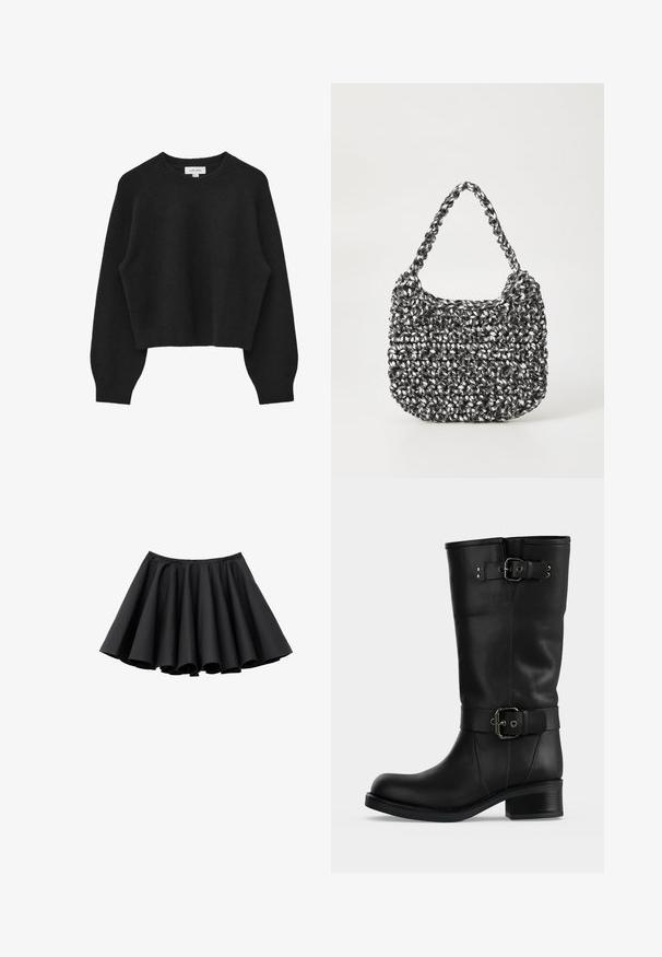 Pull court noir en tissu doux et texturé. Présente un col rond, des manches raglan, et un ourlet ainsi que des poignets côtelés.; Mini-jupe noire évasée avec de larges plis et une taille ajustée, présentée sur fond blanc.; Botte haute en cuir noir avec deux sangles à boucle réglables et un talon bloc bas sur fond uni.; Sac en osier noir et blanc de forme arrondie, avec une surface texturée et une poignée tressée. Convient à un usage décontracté.