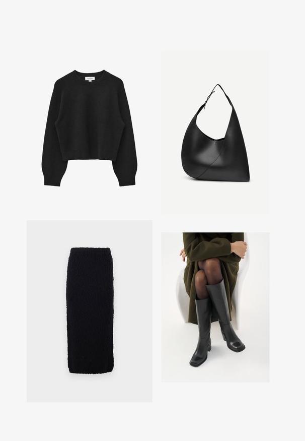 Pull court noir en tissu doux et texturé. Présente un col rond, des manches raglan, et un ourlet ainsi que des poignets côtelés.; Jupe noire en tricot, longueur genou, avec une surface texturée et une coupe droite. La taille est élastiquée pour le confort.; Bottes en cuir noires arrivant au genou, avec un bout carré et un talon carré, présentées sur un modèle assis dans un manteau vert olive. Texture lisse, détails minimaux.; Sac à épaule en cuir noir avec forme triangulaire incurvée, une seule sangle ajustable, et une couture diagonale visible à l'avant.