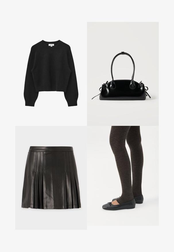 Pull court noir en tissu doux et texturé. Présente un col rond, des manches raglan, et un ourlet ainsi que des poignets côtelés.; Mini-jupe plissée en similicuir noir avec des détails cousus le long des plis et de la ceinture sur un fond uni.; Jambes portant des leggings côtelés foncés associés à des ballerines noires avec de petits détails en nœud sur fond blanc.; Petit sac à main noir brillant avec deux longues anses et des détails à cordon sur les côtés sur un fond clair uni.