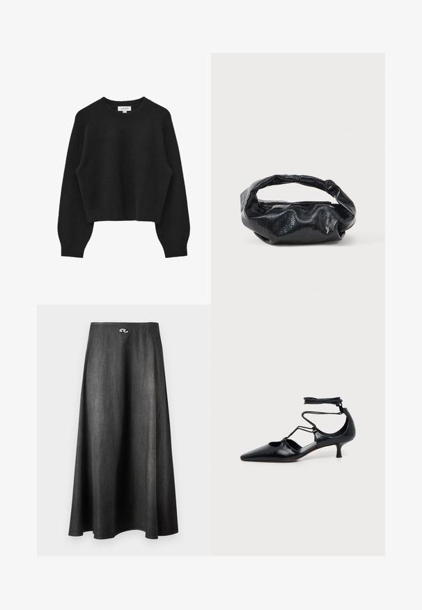 Pull court noir en tissu doux et texturé. Présente un col rond, des manches raglan, et un ourlet ainsi que des poignets côtelés.; Jupe longue en jean noir avec légère évasée et petit logo ovale près de la taille, présentée sur un fond blanc uni.; Chaussure noire à bout pointu et talon kitten avec brides autour de la cheville et détails découpés sur les côtés, présentée sur un fond uni clair.; Sac noir en matériau texturé et brillant avec une poignée circulaire torsadée et une fermeture éclair. Présente un design doux et froissé.