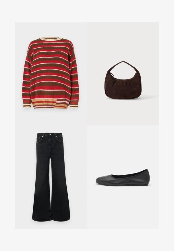 Suéter de punto con rayas horizontales en rojo, rosa, marrón y crema. Cuello redondeado con ribete acanalado y un ajuste holgado.; Pantalones vaqueros negros de pierna ancha hechos de mezclilla, con cintura alta, diseño clásico de cinco bolsillos y cierre de botón en la parte delantera.; Bailarina de piel negra con punta redondeada, textura suave, detalle de costura minimalista y diseño de suela flexible.; Bolso de ante marrón oscuro con una correa corta y forma rectangular redondeada sobre un fondo liso y claro.