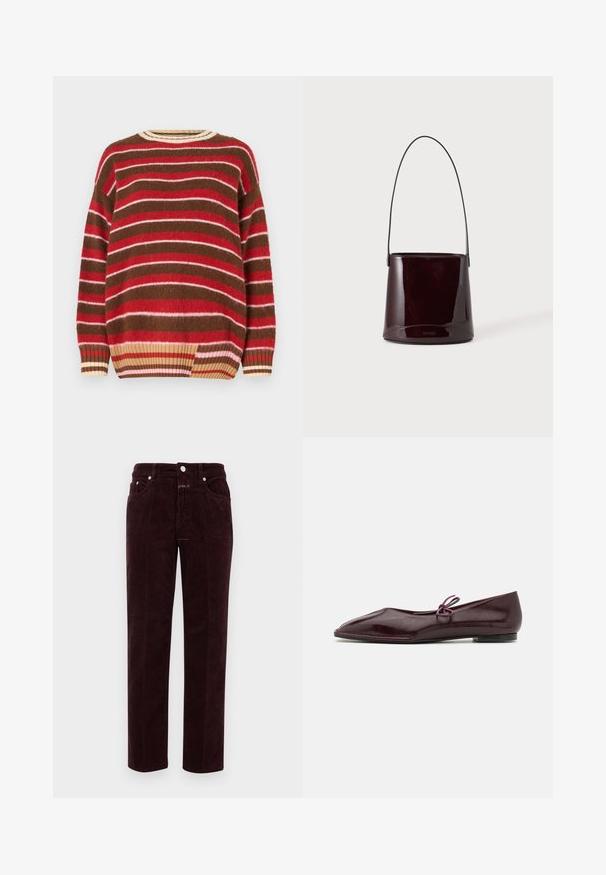 Suéter de punto con rayas horizontales en rojo, rosa, marrón y crema. Cuello redondeado con ribete acanalado y un ajuste holgado.; Pantalones de pana burdeos con corte recto, que cuentan con bolsillos frontales y herrajes metálicos plateados. La tela tiene una textura acanalada.; Bailarinas de cuero sintético burdeos con puntera puntiaguda y un lazo decorativo morado en el empeine; diseño de suela plana.; Bolso tipo cubo marrón oscuro y brillante con una correa larga y delgada y costuras mínimas visibles sobre un fondo claro.