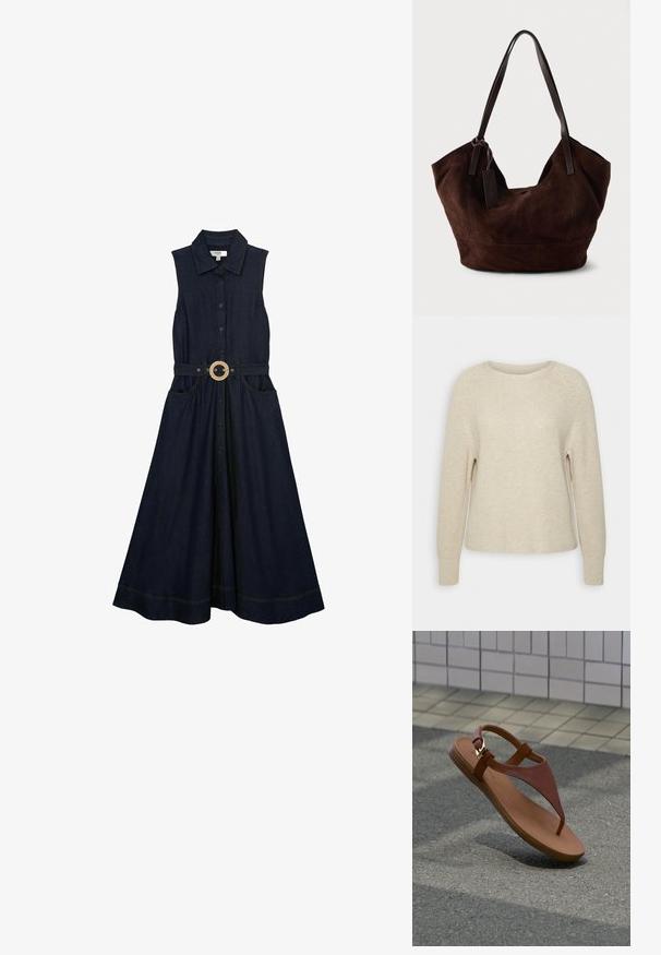 Lyserød strikket sweater med rund halsudskæring, raglanærmer og ribbede manchetter. Teksturen er blød med en afslappet pasform og minimal detaljering.; Ærmeløs mørk denim midi-kjole med knapper foran, kraveudskæring, to forlommer og et matchende bælte med rund spænde i taljen.; Brun lædersandal med spænde i guld, tøffelrem og flad sål, vist udendørs på asfalt nær flisebelagt væg.; Brun ruskind taske med en blød, slouchy form. Har læderhåndtag og et tag-accent. Enkelt tekstur med buede sømme.