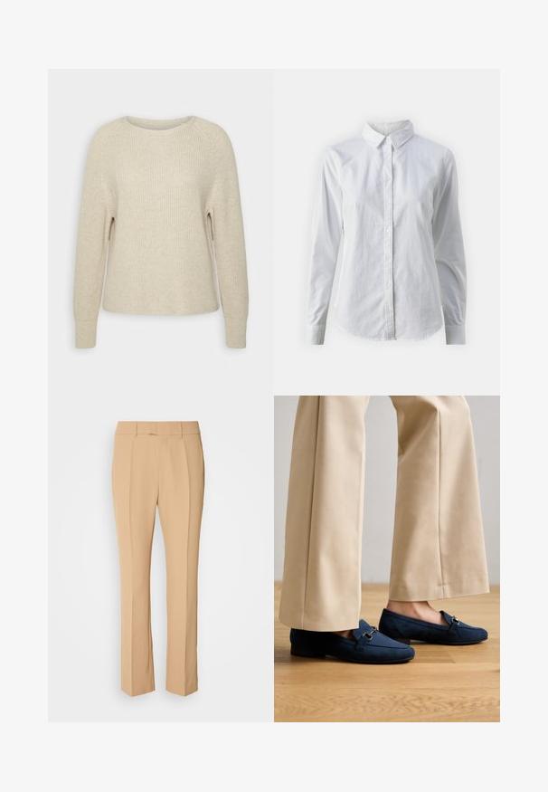 Lyserød strikket sweater med rund halsudskæring, raglanærmer og ribbede manchetter. Teksturen er blød med en afslappet pasform og minimal detaljering.; Hvid skjorte med knapper lavet af glat bomuld, der har en klassisk krave, lange ærmer og en buet kant. Knapperne er små og hvide.; Beige skræddersyede bukser med lige ben, der har to frontfald, en flad front og et glat, let materiale.; Mørkeblå fløjlsloafers med rund tå, lille hæl og sølvhardwaredetalje over toppen. Båret med beigefarvede bukser med brede ben.