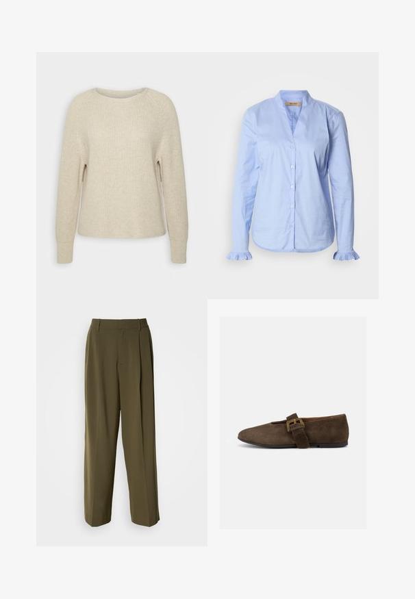Lichtroze gebreide trui met een ronde halslijn, raglanmouwen en ribgebreide manchetten. De stof is zacht met een ontspannen pasvorm en minimale details.; Mos Mosh PLEAT SHIRT - Overhemdblouse - brunnera blue; Olijfgroene wijde broek van een gladde stof, met een hoge taille, plooien aan de voorkant en zijzakken voor functionaliteit.; Bruine suède platte schoen met brede band en gouden gesp, afgeronde neus en lage zwarte zool, zijaanzicht op witte achtergrond.