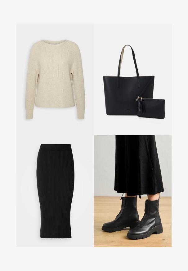 Lyserød strikket sweater med rund halsudskæring, raglanærmer og ribbede manchetter. Teksturen er blød med en afslappet pasform og minimal detaljering.; Sort ribstrikket blyantskirt med elastisk taljebånd, der har en kropsnær silhuet og lodrette ribdetaljer over det hele.; Sorte læder ankelstøvler med en kraftig platformsål og en frontlynlås. Glat tekstur med et minimalistisk design.; Sort tote taske med struktureret materiale, to lange håndtag og en aftagelig lynlåspose med en frynse-detalje. Guld mærkelogo synligt.