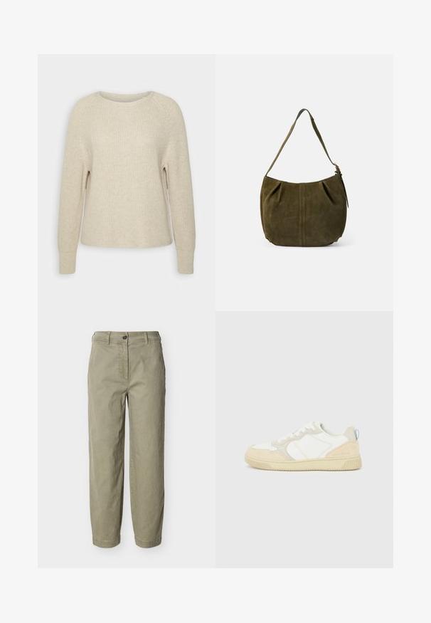 Pull en tricot rose clair avec un col rond, des manches raglan et des poignets côtelés. La texture est douce, avec une coupe décontractée et des détails minimaux.; Pantalon droit couleur kaki clair avec passants pour ceinture, fermeture par bouton et braguette zippée, présenté sur un fond uni.; Baskets blanches et beiges avec dessus en suède et textile, présentant des coutures contrastées, une semelle en caoutchouc et un accent bleu clair sur le talon.; Sac bandoulière en daim vert olive avec une sangle, un détail de couture centrale et une tirette de fermeture éclair latérale, sur un fond clair uni.