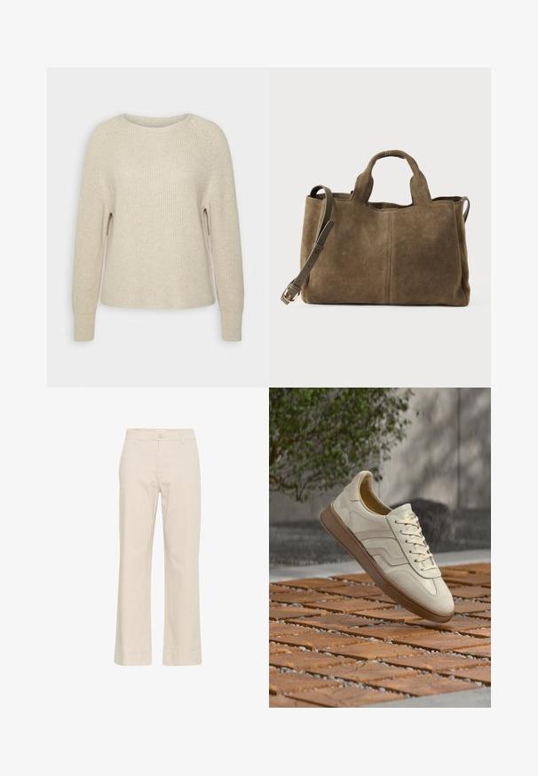 Lyserød strikket sweater med rund halsudskæring, raglanærmer og ribbede manchetter. Teksturen er blød med en afslappet pasform og minimal detaljering.; Beige bomuldsbukser med lige ben, knaplukning, bæltestropper og detaljering i kanten. Glat tekstur og minimalistisk design.; Sneakers i cremefarve med en struktureret beige gummisål, snøredesign og diskret brand på siden. Overdel i glat læder.; Brun suedetasker med korte håndtag og aftagelig, justerbar rem med guldspænde på en hvid baggrund.