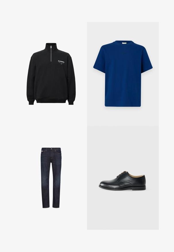 Sort sweatshirt med høj krave og halv lynlås, med hvid trykt tekst på venstre bryst. Fremstillet af bomuldsstof med blød tekstur.; Ensfarvet blå T-shirt med korte ærmer, rund hals og et diskret lille logotekst centralt på brystet mod en ensfarvet baggrund.; Mørkeblå denimjeans med lige ben, fem lommer, lynlås og orange syningsdetaljer. Glat tekstur, klassisk design.; Calvin Klein ESS DERBY - Snøresko - triple black