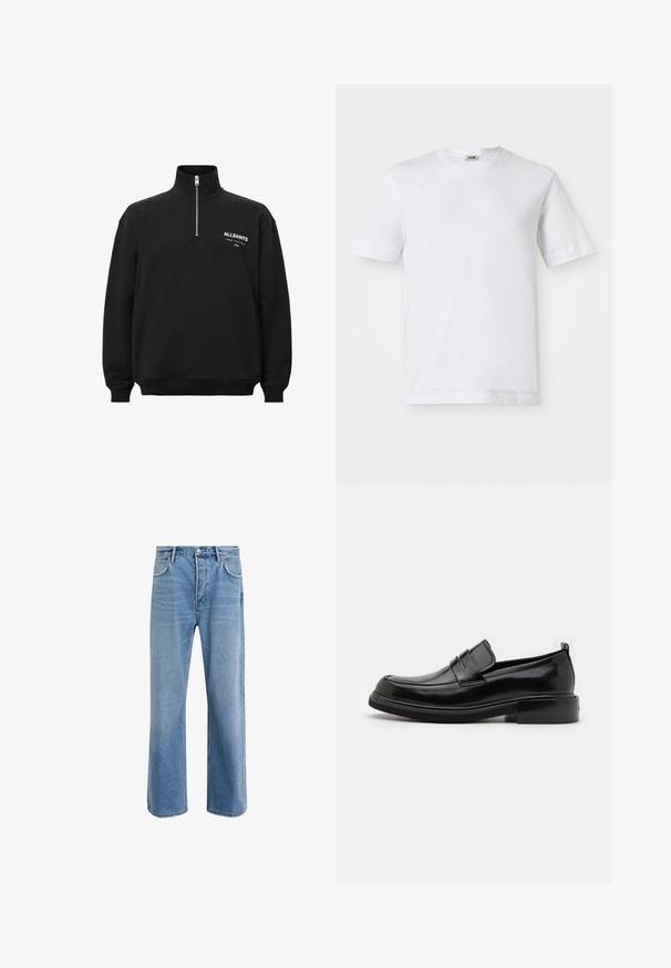 Sweatshirt noir avec col haut et demi fermeture éclair, featuring du texte imprimé blanc sur la poitrine gauche. Fait en coton, texture douce.; T-shirt en coton blanc à manches courtes, col rond et texture lisse. Aucun motif ni accent visible.; Jeans en denim bleu clair avec une coupe droite, cinq poches, fermeture à bouton, peu d'usure et des détails de couture contrastés.; Calvin Klein MOCCASIN - Mocassins de ville - black