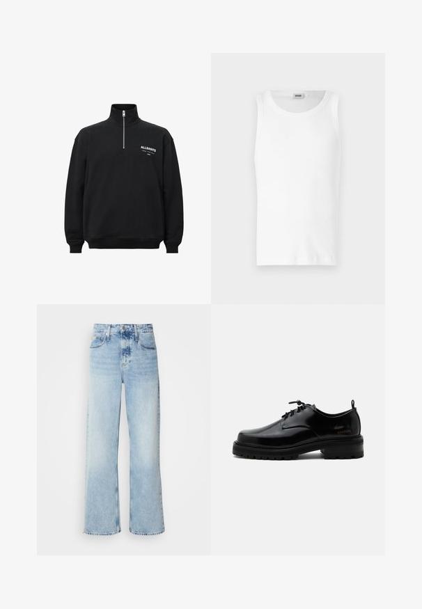 Sort sweatshirt med høj krave og halv lynlås, med hvid trykt tekst på venstre bryst. Fremstillet af bomuldsstof med blød tekstur.; Hvid bomulds tanktop uden ærmer med rund halsudskæring og en glat tekstur. Enkel design, ingen mønstre eller accenter.; Lysblå vide jeans med høj talje, der har en falmet finish, bæltestropper og klassisk fem-lomme design. Kantene er rå.; Sort poleret læder snørestøvle med tyk gummisål og lav hæl, sideskilt med mærketekst "SAMSOE" og bageste træksnor.