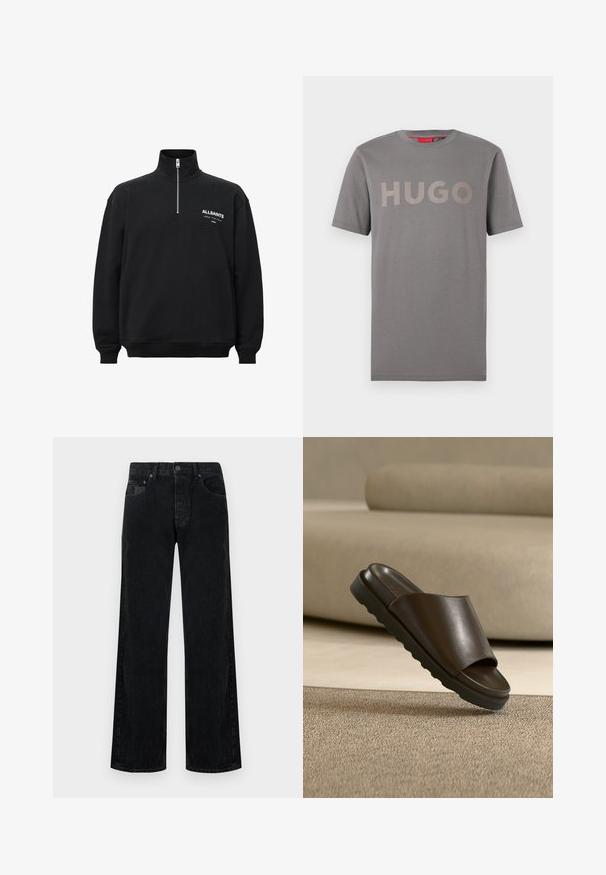 Sort sweatshirt med høj krave og halv lynlås, med hvid trykt tekst på venstre bryst. Fremstillet af bomuldsstof med blød tekstur.; Grå T-shirt med korte ærmer og rund hals, med beige "HUGO" logo trykt tværs over brystet mod en ensfarvet baggrund.; Sorte vidde-ben jeans i denim med klassisk fem-lomme design, med knaplukning og subtilt falmet tekstur.; Mørkebrun lædersandale med tyk sål på beige tæppe foran en buet beige sofa.