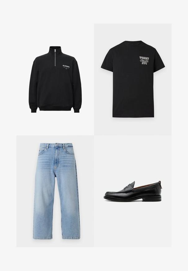 Sweatshirt noir avec col haut et demi fermeture éclair, featuring du texte imprimé blanc sur la poitrine gauche. Fait en coton, texture douce.; T-shirt en coton noir à manches courtes et col rond. L'avant présente un texte imprimé en blanc : "TOMMY JEANS NYC" en différentes tailles.; Jean en denim léger bleu clair à jambes larges, avec une taille haute, un design classique à cinq poches et des détails de couture visibles le long des coutures.; Mocassin homme en cuir noir avec couture moc toe, bride penny, col texturé et petit talon empilé sur fond blanc.
