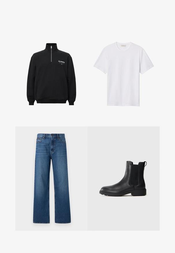Sort sweatshirt med høj krave og halv lynlås, med hvid trykt tekst på venstre bryst. Fremstillet af bomuldsstof med blød tekstur.; Hvidt ensfarvet T-shirt med korte ærmer og rund hals, med lille præget logo på venstre bryst og mærke indeni kraven.; Blå, højtaljede, straight-fit jeans med knapper og lynlås foran, fem lommer og en lille mærket patch på højre lomme.; Sort læder ankelstøvle med elastiske sidepaneler, træksnor ved hælen og lav bloksål mod en ensfarvet baggrund.