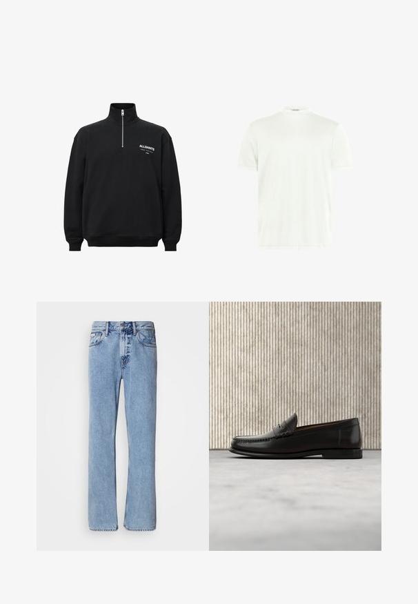 Sort sweatshirt med høj krave og halv lynlås, med hvid trykt tekst på venstre bryst. Fremstillet af bomuldsstof med blød tekstur.; Hvid crewneck T-shirt lavet af blødt stof. Korte ærmer, uden mønstre. Simpelt design med lige kant og minimal detaljer.; Lyseblå denimjeans med lige ben design, fem lommer og knaplukning. Syninger nær lommer og talje.; Sort læder penny loafer med lav hæl, rundet tå og syningsdetaljer langs fronten og siderne, vist på neutral baggrund.