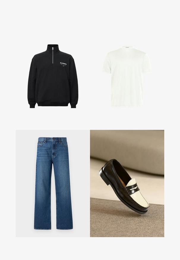 Sort sweatshirt med høj krave og halv lynlås, med hvid trykt tekst på venstre bryst. Fremstillet af bomuldsstof med blød tekstur.; Hvid crewneck T-shirt lavet af blødt stof. Korte ærmer, uden mønstre. Simpelt design med lige kant og minimal detaljer.; Blå, højtaljede, straight-fit jeans med knapper og lynlås foran, fem lommer og en lille mærket patch på højre lomme.; Sort læderloafer med en cremefarvet vamp og sorte accentstriber, som har en lav hæl og detaljeret syning langs kanterne.