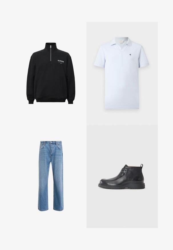 Sort sweatshirt med høj krave og halv lynlås, med hvid trykt tekst på venstre bryst. Fremstillet af bomuldsstof med blød tekstur.; Lyseblå kortærmet polo med krave, V-hals og lille sort "cK" logo på venstre bryst.; Lyseblå denim jeans med lige ben-design, fem lommer, knaplukning, minimal falming og kontraststingdetaljer.; Sorte læder ankelstøvler med rund tå, snørelukning og en løkke bagpå. Tekstureret overdel og gummisål.