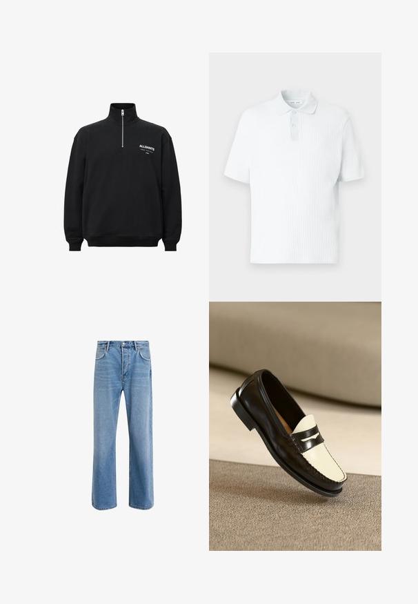 Sort sweatshirt med høj krave og halv lynlås, med hvid trykt tekst på venstre bryst. Fremstillet af bomuldsstof med blød tekstur.; Pikétrøje i lyseblå, lavet af tekstureret stof. Har en kort krave med knaplukning, korte ærmer og en løs pasform.; Lyseblå denim jeans med lige ben-design, fem lommer, knaplukning, minimal falming og kontraststingdetaljer.; Sort læderloafer med en cremefarvet vamp og sorte accentstriber, som har en lav hæl og detaljeret syning langs kanterne.