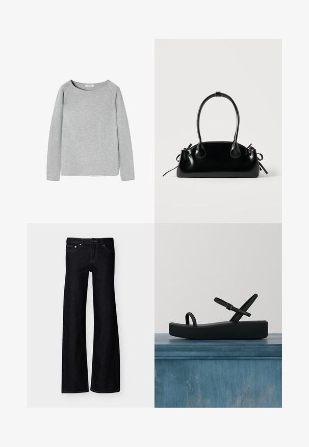 Sweatshirt gris à manches longues avec un décolleté large, texture douce et manches légèrement effilées. Présente un ourlet inférieur droit et un design minimaliste.; Jean denim noir à jambes larges avec poches avant, fermeture par bouton, et coutures apparentes, présenté sur un fond blanc uni.; Sandale à plateforme noire avec fines lanières et boucle, marquée "Crocs", flottant au-dessus d'un sol lisse devant un fond en verre strié.; Petit sac à main noir brillant avec deux longues anses et des détails à cordon sur les côtés sur un fond clair uni.
