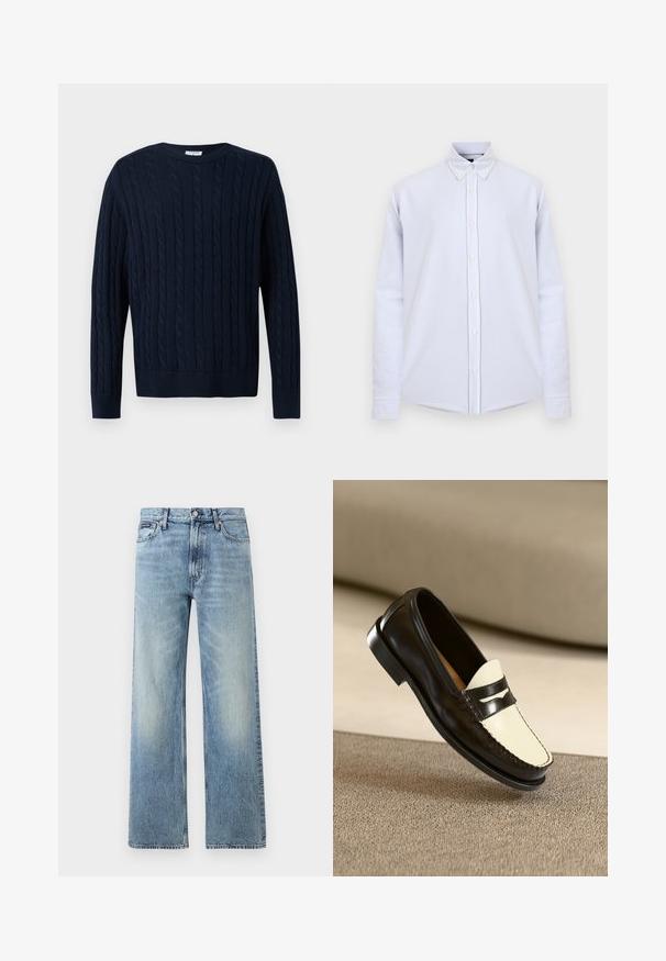 Navy blue cable knit sweater with long sleeves and crew neck, featuring vertical braided pattern and ribbed cuffs and hem.; Light blue long-sleeve button-up shirt with a classic collar, white buttons, and a small embroidered logo on the chest.; Light blue straight-leg denim jeans with a high waist, five pockets, button closure, and subtle fading on the thighs and knees.; Black leather loafer with a cream-colored vamp and black accent stripes, featuring a low heel and detailed stitching along the edges.