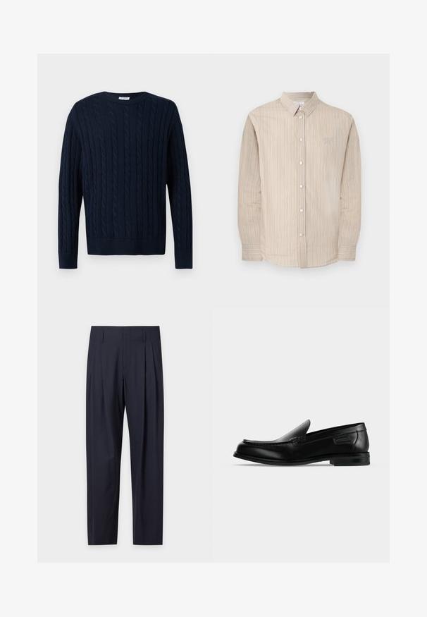 Pull en maille torsadée bleu marine à manches longues et col rond, présentant un motif tressé vertical ainsi que des poignets et un ourlet côtelés.; Chemise beige à manches longues avec boutons, dotée de fines rayures verticales et d'un texte brodé discret sur le côté gauche de la poitrine.; Pantalon formel bleu marine foncé avec plis, passants de ceinture et coupe ajustée, présenté sur un fond clair uni.; Mocassin noir en cuir à enfiler avec un petit talon, un bout arrondi et des surpiqûres décoratives le long du bord supérieur.