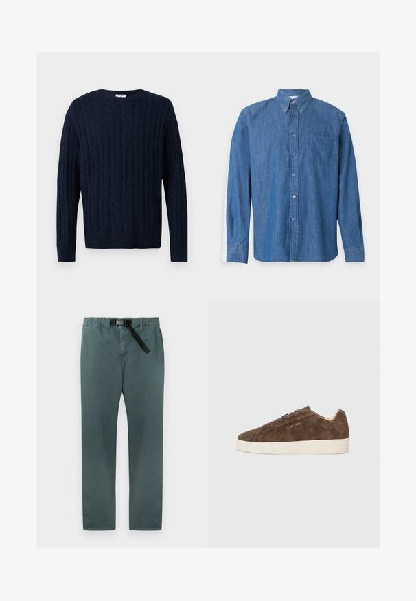 Navy blue cable knit sweater with long sleeves and crew neck, featuring vertical braided pattern and ribbed cuffs and hem.; Long-sleeve blue denim button-up shirt with a front chest pocket and buttoned collar on a plain light background.; Dark green straight-leg pants with elastic waistband and integrated black adjustable belt with buckle closure.; Brown suede sneaker with a low profile, rounded toe, and white rubber outsole. Features dark laces and subtle branding on the side.