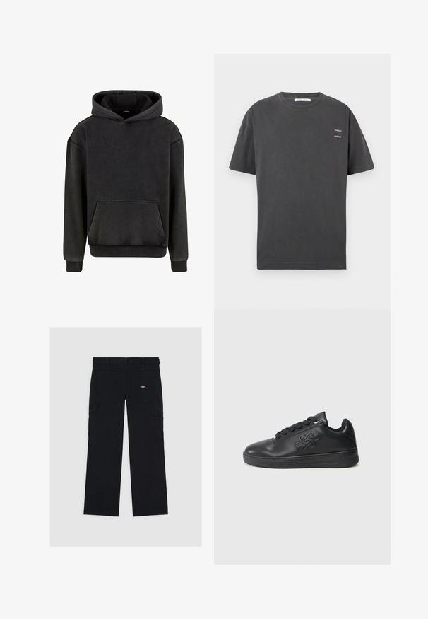 Urban Classics Hoodie - magnet; Donkergrijs T-shirt met korte mouwen en een ronde hals, met twee keer de kleine witte tekst "SAMSØE" afgedrukt op de linkerborst.; Zwarte cargobroek van katoen, voorzien van meerdere zakken, een gladde textuur en een logopatch op de rechterachterzak.; Zwarte leren sneaker met een gladde afwerking, ronde neus, gestructureerde veters en een op de zijkant gegraveerd logo. Platte rubberen zool.