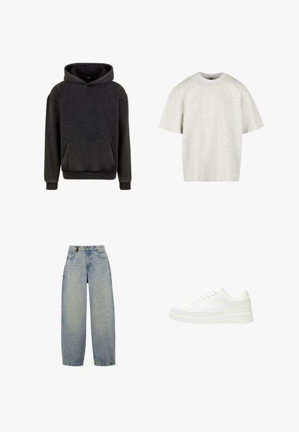 Urban Classics Kapuzenpullover - magnet; Hellgraues Baumwoll-T-Shirt mit kurzen Ärmeln, Rundhalsausschnitt und lockerer Passform. Der Stoff hat eine weiche, leicht strukturierte Oberfläche.; Hellblaue Jeans aus Denim mit lässiger Passform, featuring eine hohe Taille, weite Beine, klassischen Fünf-Taschen-Design und Akzente aus Metall.; Weiße Sneaker mit einem glatten Lederoberteil, flachen Schnürsenkeln und einer dicken Gummisohle. Das minimalistische Design verfügt über subtile Nähte und nahtlose Akzente.