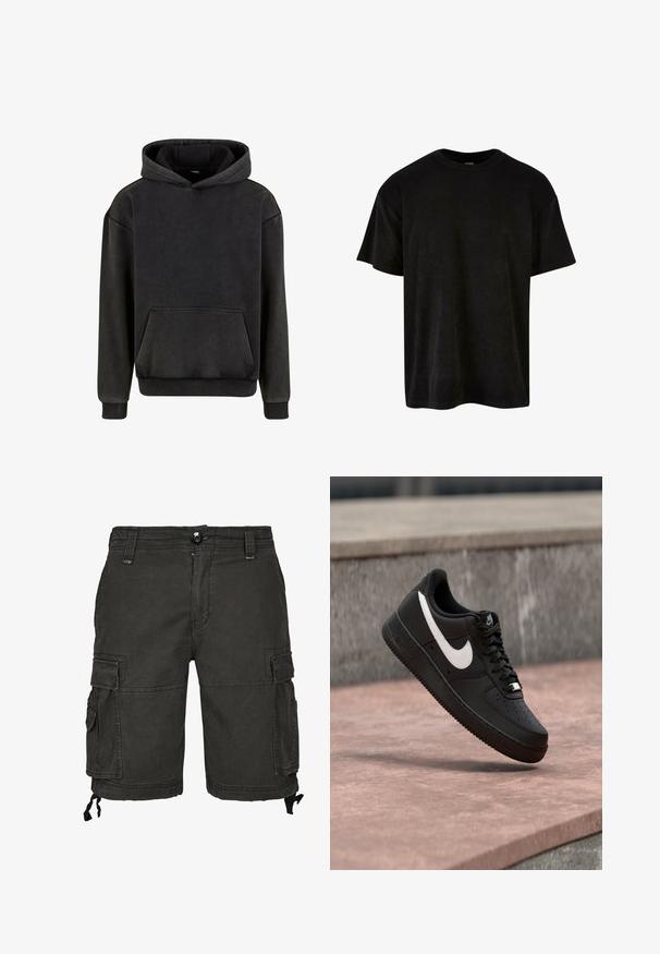 Urban Classics Kapuzenpullover - magnet; Schwarzes Baumwoll-T-Shirt mit kurzen Ärmeln, Rundhalsausschnitt, lässiger Passform und glatter Oberfläche. Keine Muster oder zusätzlichen Details sichtbar.; Schwarze Cargo-Shorts aus Baumwolle mit mehreren Taschen, einem Knopfverschluss und seitlichen Kordelzügen zur Anpassung der Länge.; Schwarzer Nike Air Force 1 Sneaker mit weißem Swoosh-Logo, der über einer Steinformation schwebt, vor einem grauen strukturierten Hintergrund.