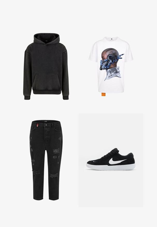 Urban Classics Mikina s kapucňou - magnet; Biela T-shirt s grafickým dizajnom roboticj hlavy so modrou a striebornou mechanickou maskou, hladkým strieborným golierom a oranžovým štítkom.; Čierne denimové džínsy s poškodenými roztrhnutiami, vysoký pás, zapínanie na gombík a červený detal.; Čierne semišové tenisky s bielymi akcentmi, so zaoblenou špičkou, hrubou bielou podrážkou a čiernymi šnúrkami. Výrazné biele logo Nike na boku.