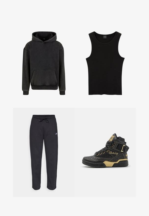 Urban Classics Hættetrøje - magnet; Sort ribbet tanktop med rund halsudskæring og brede ærmegab, lavet af en blød, strækbar stof. Mærke: Pull&Bear.; Sorte sweatpants lavet af blødt stof med elastisk talje, snøre og et lille Nike-logo på venstre lår.; Patrick Ewing 33 X RAKIM - Sneakers high - black/gold