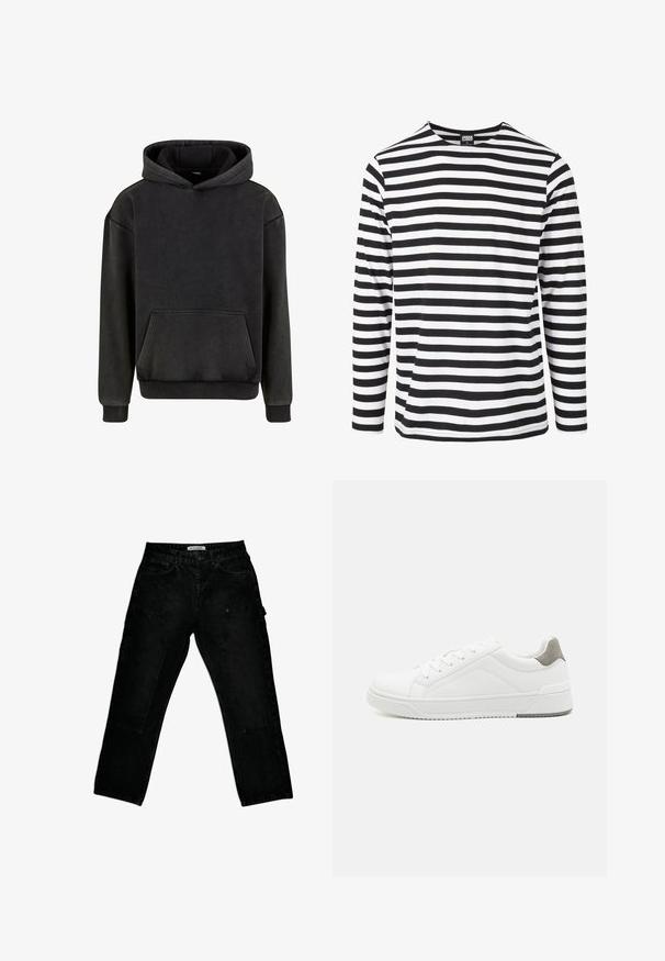 Urban Classics Hoodie - magnet; Zwart-wit gestreepte blouse met lange mouwen en een ronde hals, gemaakt van zacht materiaal, met horizontale strepen van gelijke breedte.; Zwarte denimbroek met een ontspannen pasvorm, grote voorzakken, riemlussen en een klein lusje aan de zijkant.; Witte sneaker van glad leer met een ronde neus, minimalistisch ontwerp, grijze hielaccent en een geplaatste rubberen zool.