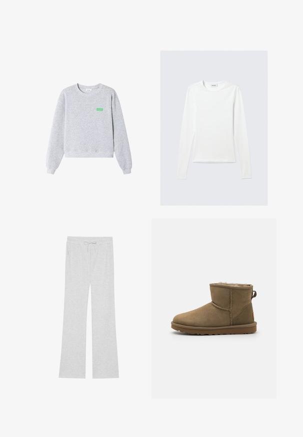 Sudadera gris claro de cuello redondo con mangas largas, puños y dobladillo acanalados, y pequeño texto verde "American Vintage" en el lado izquierdo del pecho.; Camiseta blanca lisa de manga larga con cuello redondo y corte ajustado, mostrada sobre un fondo gris claro.; Even&Odd by Zalando Pantalones deportivos - hellgrau; Bota de tobillo de ante marrón con un forro suave y peludo, puntera redonda y un acento en forma de lazo en la parte posterior. Suela de goma plana con agarre texturizado.