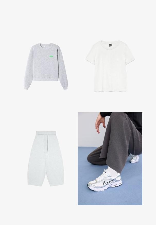 Lichtgrijze sweater met ronde hals en lange mouwen, geribbelde boorden bij de mouwen en zoom, en kleine groene "American Vintage" tekst op de linkerborst.; Witte t-shirt met korte mouwen en een ronde hals, gemaakt van lichte stof. Eenvoudig ontwerp, gladde textuur en rechte zoom.; Lichtgrijze wijde cropped broek met elastische tailleband en koord aan de voorkant, gemaakt van zachte gebreide stof.; Witte en zilveren sport schoenen van mesh en synthetische materialen, met zwarte accentlijnen, veters en gestructureerde zolen.