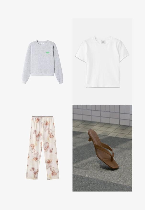 Sweat-shirt gris clair à col rond avec manches longues, poignets et ourlet côtelés, et petit texte vert "American Vintage" sur la poitrine gauche.; T-shirt en coton blanc avec un col rond, des manches courtes et un ourlet droit. Étiquette marquée "Won Hundred" au centre de l'encolure.; Pantalon ample à jambes larges avec une taille élastique, présentant un motif abstrait doux aux tons beige, marron et rose clair sur un fond blanc.; Sandale à talon en cuir marron Steve Madden flottant au-dessus d'un sol pavé avec un mur carrelé en arrière-plan.