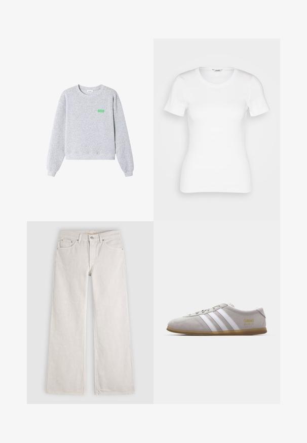 Sweat-shirt gris clair à col rond avec manches longues, poignets et ourlet côtelés, et petit texte vert "American Vintage" sur la poitrine gauche.; T-shirt en coton blanc avec des manches courtes, un col rond et une texture côtelée. Design ajusté avec une finition lisse et nette.; Jean en denim écru à jambes larges, avec poches avant, passants de ceinture, fermeture par bouton et braguette zippée.; Baskets en daim gris avec des rayures en cuir blanc et un logo doré. Semelle en gomme plate, bout rond et design classique à lacets.