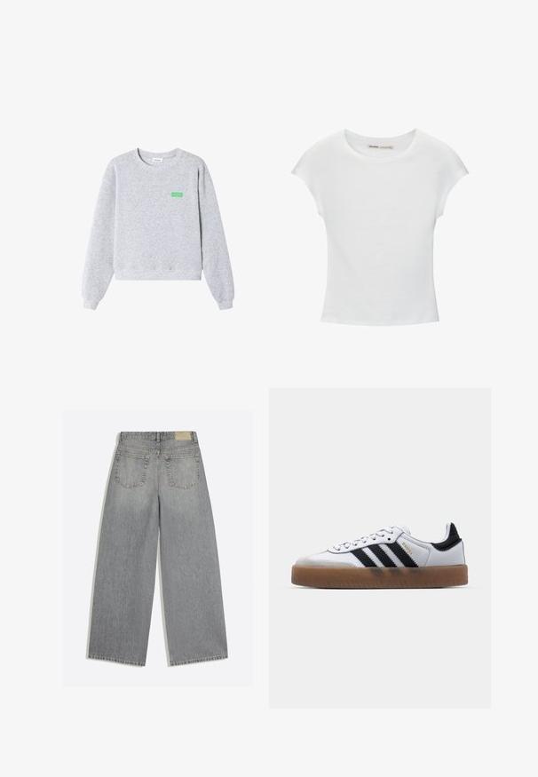 Sweat-shirt gris clair à col rond avec manches longues, poignets et ourlet côtelés, et petit texte vert "American Vintage" sur la poitrine gauche.; T-shirt en coton blanc avec manches courtes retroussées, encolure ronde et ourlet droit. Texture lisse sans motifs ni accents visibles.; Jean en denim gris à jambes larges montrant l'arrière avec deux poches et des passants de ceinture, posé à plat sur fond blanc.; Baskets en cuir blanc avec des rayures noires, semelle extérieure en caoutchouc beige, bout rond, fermeture lacée et embout en suède gris doux.