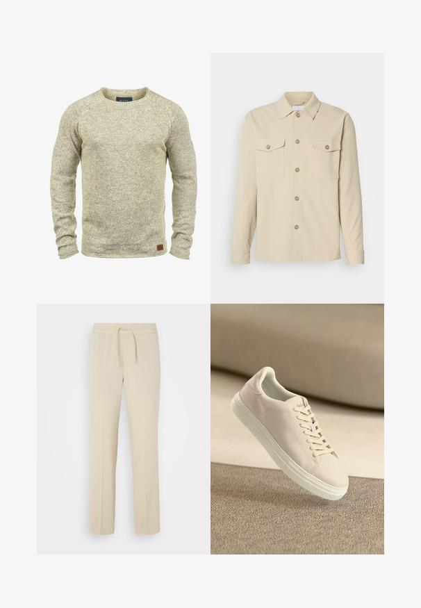Pull en tricot beige clair avec des manches longues, un col rond et une finition texturée. Il présente une petite étiquette en cuir marron sur l'ourlet.; Chemise beige à boutons en tissu lisse, dotée de deux poches poitrine, d'un col classique et de cinq boutons à l'avant. Manches longues avec poignets boutonnés.; Pantalons beiges à taille élastique avec cordon de serrage. Comprend des jambes droites et une texture lisse, adaptés pour un usage décontracté ou pour se détendre.; Baskets en suède beige avec semelle et lacets blancs, présentées en suspension au-dessus d'un tapis beige texturé sur fond beige doux.