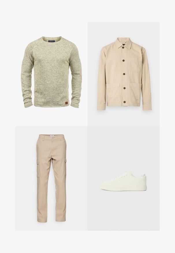 Pull en tricot beige clair avec des manches longues, un col rond et une finition texturée. Il présente une petite étiquette en cuir marron sur l'ourlet.; Veste de travail beige clair, tissu en coton, devant boutonné, col pointu, deux poches poitrine, deux poches basses, boutons marron, détails cousus.; Pantalons cargo beiges en tissu durable, dotés de plusieurs poches latérales, d'une coupe classique et de jambes droites avec des coutures simples.; Baskets blanches avec une tige à texture lisse, bout arrondi et laçage traditionnel, arborant un design minimaliste et une semelle en caoutchouc.