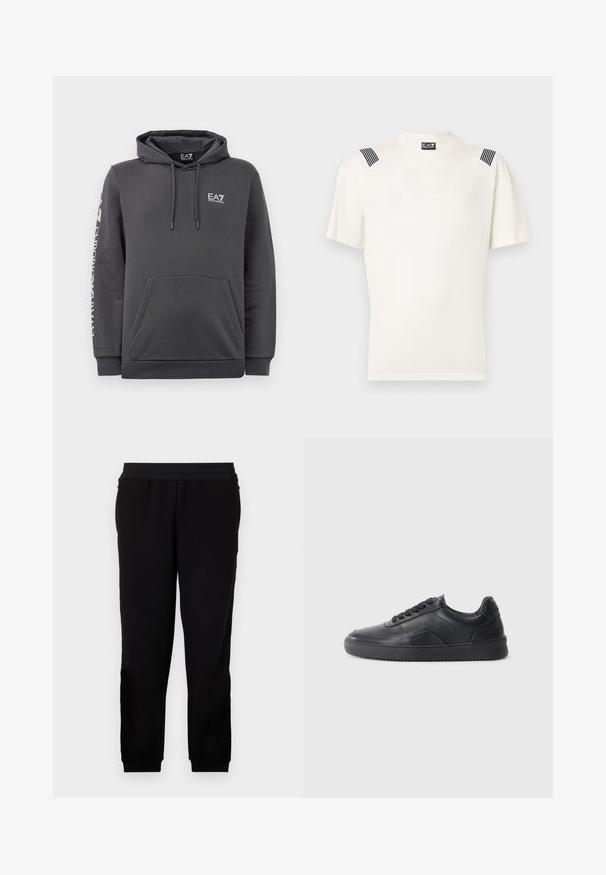 Sudadera con capucha de color gris oscuro, con bolsillo frontal, cordones y logotipos blancos de "EA7 Emporio Armani" en el pecho y en la manga izquierda.; Camiseta blanca de algodón con mangas cortas, que presenta acentos de rayas negras en los hombros y un sutil logotipo de la marca en el centro.; Pantalones de chándal negros hechos de un material suave, con una banda elástica en la cintura, puños ajustados y bolsillos laterales para mayor comodidad.; Zapatilla negra de cuero con un acabado suave, punta redondeada, panel lateral texturizado y cordones negros. Presenta una suela de goma plana y un diseño minimalista.