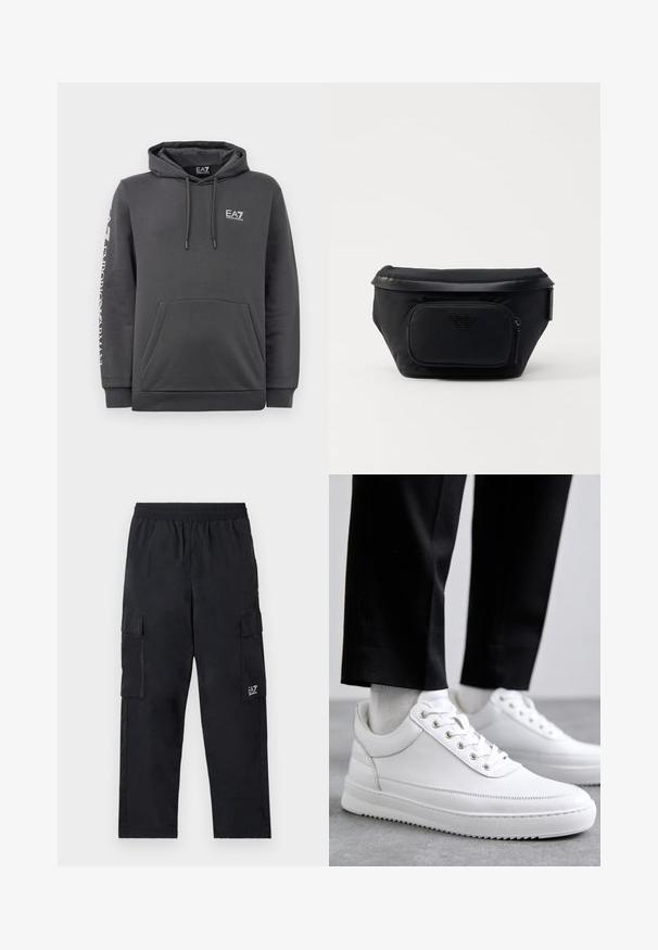 Sudadera con capucha de color gris oscuro, con bolsillo frontal, cordones y logotipos blancos de "EA7 Emporio Armani" en el pecho y en la manga izquierda.; Pantalones cargo negros con cintura elástica, bolsillos laterales y un pequeño logo en la pierna izquierda. Fabricados con tejido ligero y suave.; Zapatillas de cuero blanco con una suela de goma plana, que presentan un acabado suave, punta redonda y ojetes de metal para los cordones. Llevadas con pantalones negros.; Bolsa negra de nailon con un bolsillo delantero con cremallera, presenta una textura lisa y un acento de logo. Diseño estructurado con una tapa plegable.