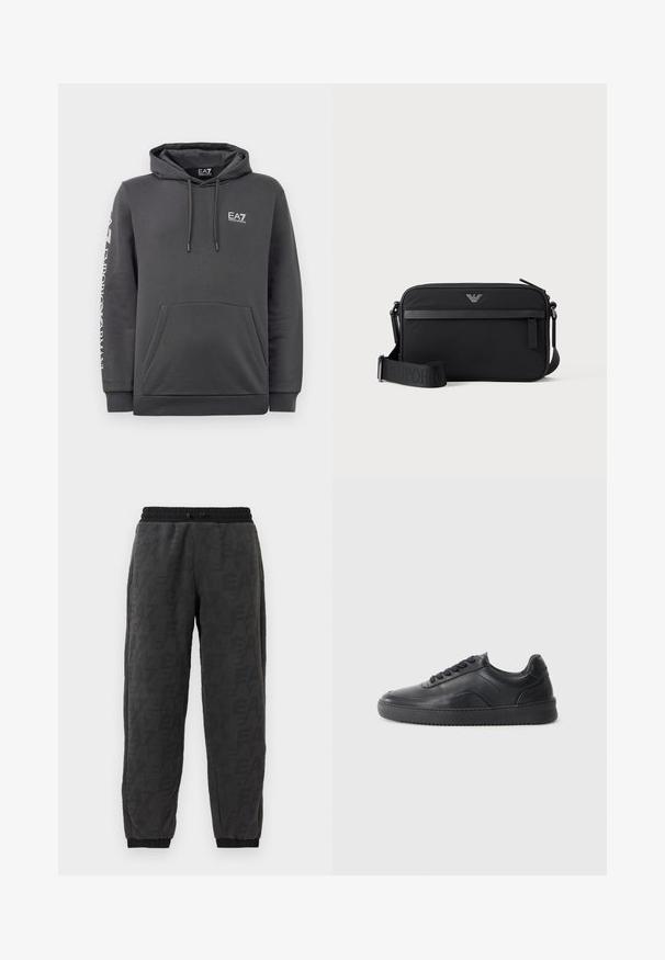 Dunkelgrauer Kapuzenpullover mit Fronttasche, Kordeln und weißen "EA7 Emporio Armani"-Logos auf der Brust und dem linken Ärmel.; Graue Jogginghosen aus strukturiertem Stoff mit einem Logo-Design über die gesamte Fläche, elastischem Bund und elastischen Bündchen an den Knöcheln.; Schwarze Leder-Sneaker mit glatter Oberfläche, abgerundeter Zehenpartie, strukturiertem Seitenpaneel und schwarzen Schnürsenkeln. Verfügt über eine flache Gummisohle und ein minimalistisches Design.; Schwarze rechteckige Umhängetasche mit vorderer Reißverschlusstasche, verstellbarem Schultergurt und kleinem Metalllogo oben in der Mitte.