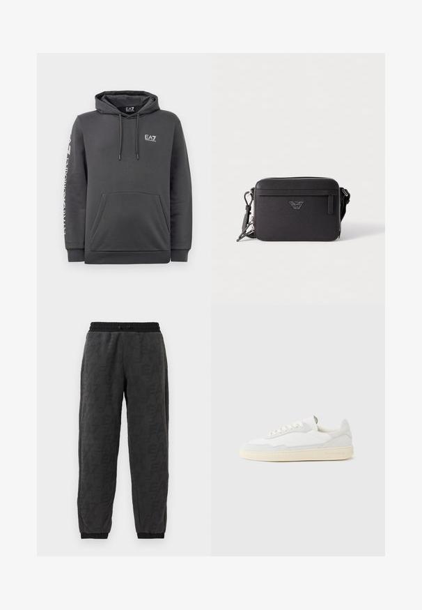 Sudadera con capucha de color gris oscuro, con bolsillo frontal, cordones y logotipos blancos de "EA7 Emporio Armani" en el pecho y en la manga izquierda.; Pantalones de chándal grises con una tela texturizada, que presentan un patrón de logotipos en toda la prenda, cinturilla elástica y puños elásticos en los tobillos.; Zapatilla blanca con parte superior texturizada de ante y cuero. Presenta una puntera redondeada, cierre con cordones y suela de goma beige contrastante.; Bolso bandolera negro de tela con cierre de cremallera, que incluye un bolsillo frontal, acento de logotipo y correa ajustable. Superficie texturizada, forma rectangular.