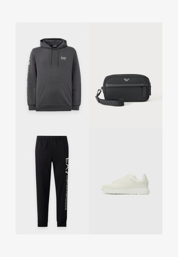Sudadera con capucha de color gris oscuro, con bolsillo frontal, cordones y logotipos blancos de "EA7 Emporio Armani" en el pecho y en la manga izquierda.; Pantalones de chándal negros hechos de una mezcla de algodón, con una cinturilla elástica, piernas estrechas, puños acanalados y estampado de logo blanco en el lateral.; Zapatilla blanca de cuero con parte superior texturizada, punta redondeada, suela blanca plana y cordones tonales. Marca sutil en la lengüeta.; Bolso de muñeca rectangular negro con bolsillo delantero con cremallera, emblema de logo plateado y correa desmontable con texto de la marca.