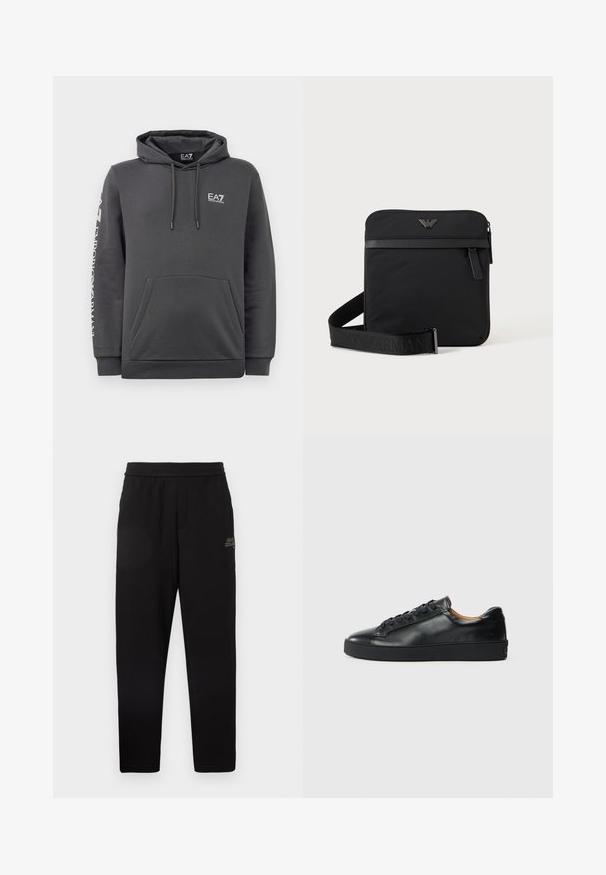 Dunkelgrauer Kapuzenpullover mit Fronttasche, Kordeln und weißen "EA7 Emporio Armani"-Logos auf der Brust und dem linken Ärmel.; Schwarze tapered Sweathosen mit elastischem Bund und kleinem aufgedrucktem Logo am oberen linken Oberschenkel.; Schwarze Leder-Sneaker mit glatter Textur, runder Zehenpartie und Schnürverschluss. Verfügt über eine dicke Gummisohle und minimalistische Marken-Details.; Schwarze quadratische Schultertasche mit Reißverschluss, Vordertasche und verstellbarem Riemen mit eingeprägtem Markennamen.